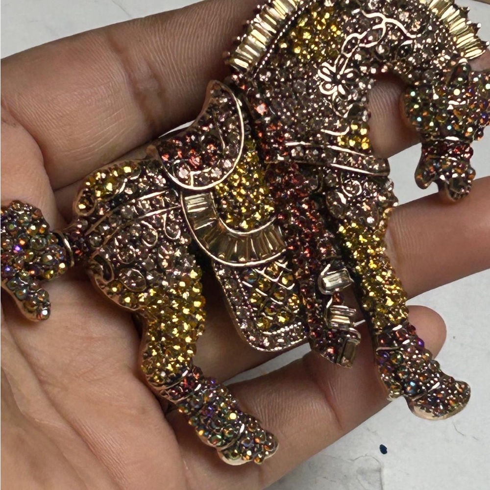 Gold and Brown Bejeweled Horse Brooch